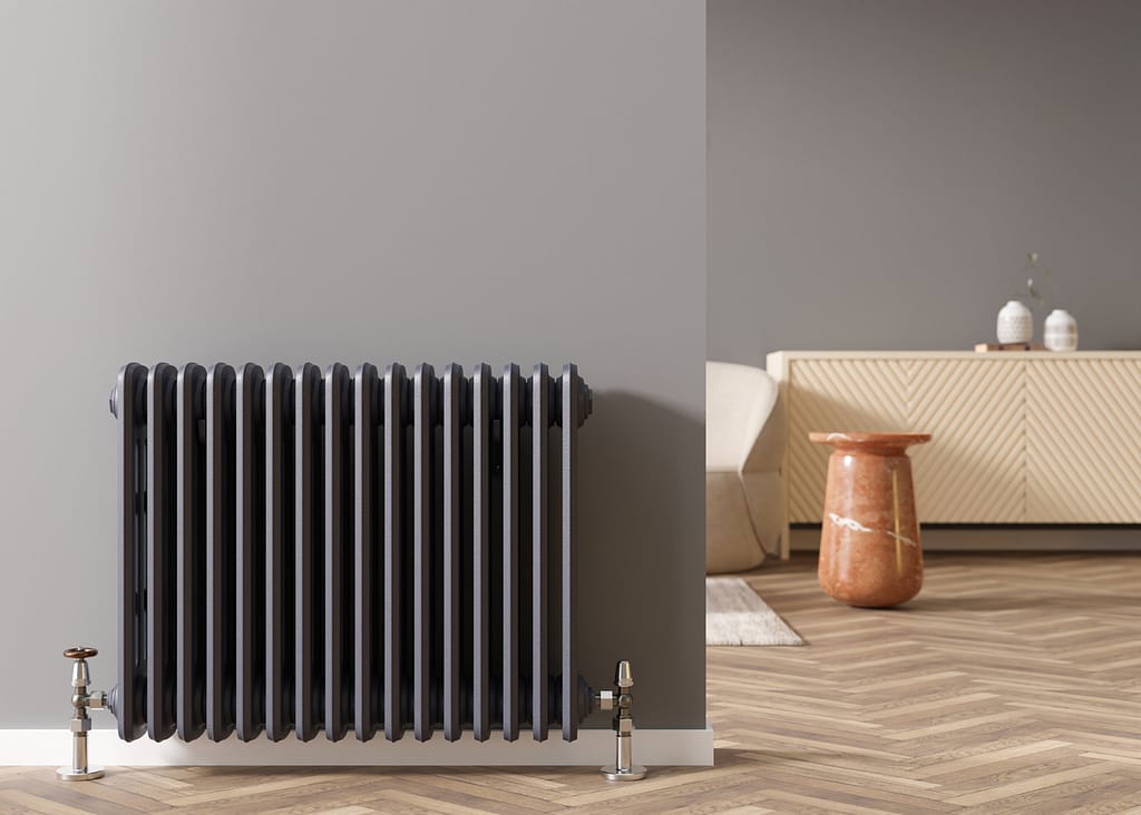 Heating radiator on gray wall in modern room. Home interior. Central heating system. Heating is getting more expensive. Energy crisis. 3D rendering. Designer Radiators
